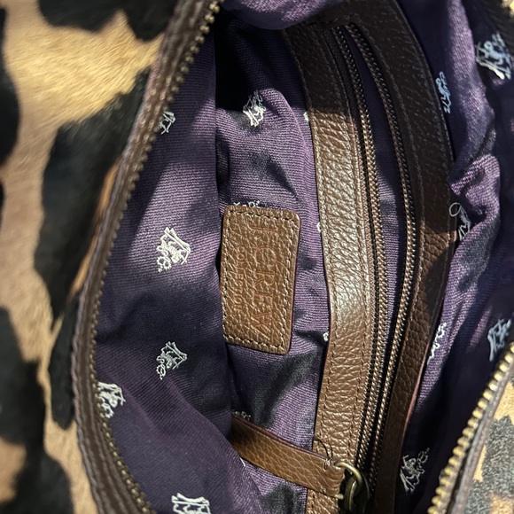 Leopard print and leather hand bag with chain handle.